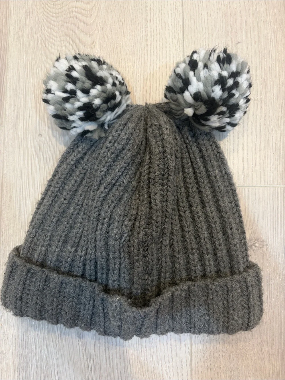 Gray Knit Pom Pom Bear Beanie